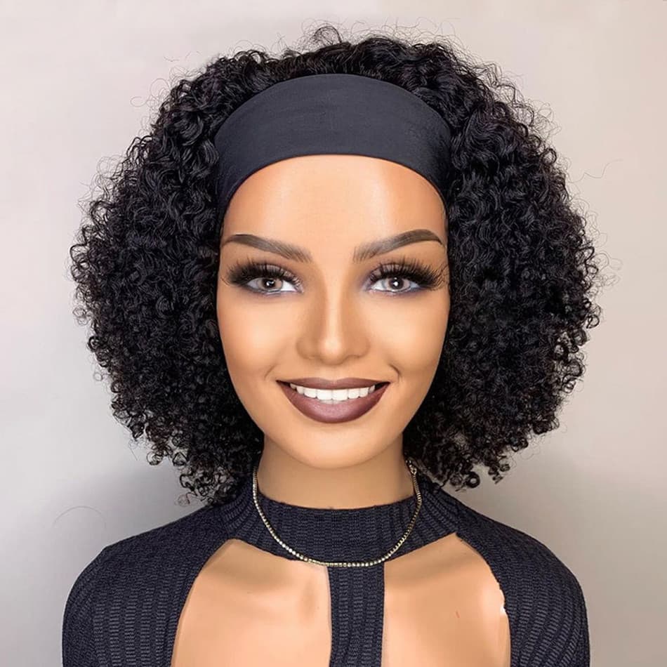 Headband Kinky Curly Human Hair Wig For Women Ice Silk Wig Natural Color