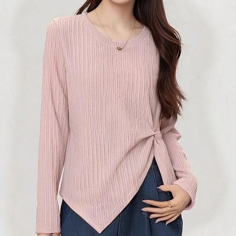 Plus Size Women's Clothing 2026 Fall New Irregular Design Waist-Cinching Slimming Pleated Long-Sleeve T-Shirt Fashion Top