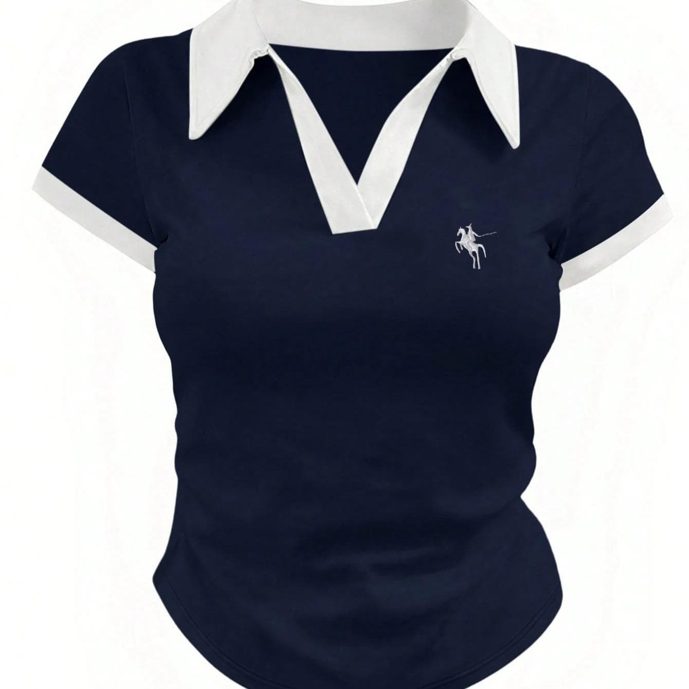 Amazon Cross-Border Korean Style Turn-Down Collar Polo Shirt Solid Color Slim Fit Short Length Rider Embroidery Minimalist Versatile Short Sleeve Top
