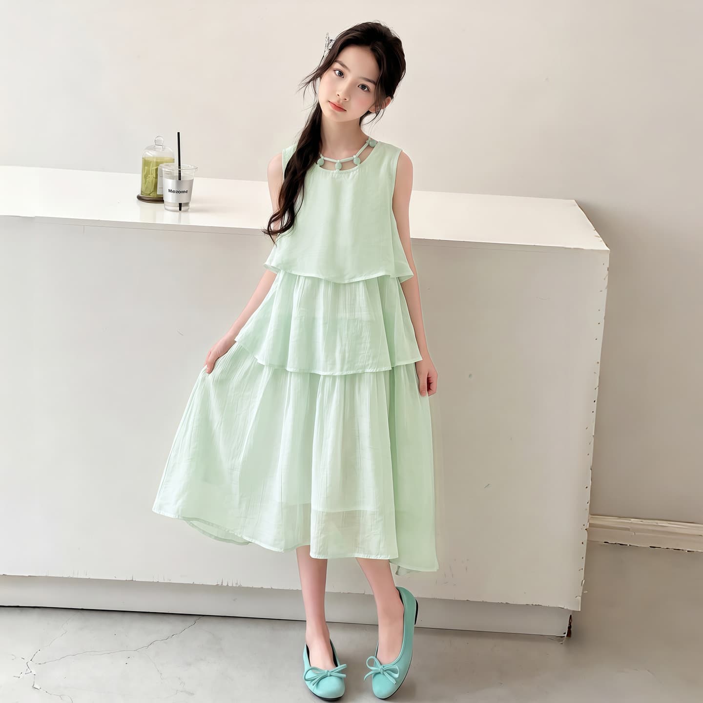 Girls Summer Dress Sleeveless Vest Dress Three-Layer Sweet Stylish Korean Version for Older Children 2026 New Long Dress