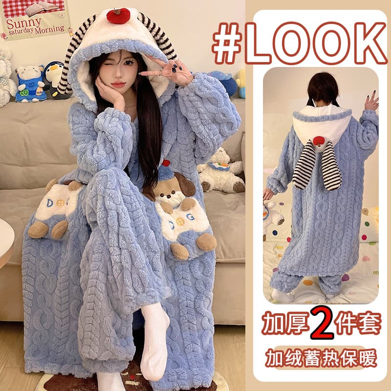 Factory Direct Coral Fleece Robe Women's Autumn/Winter New Fleece-Lined Thick Mid-Length Homewear Pajamas Set