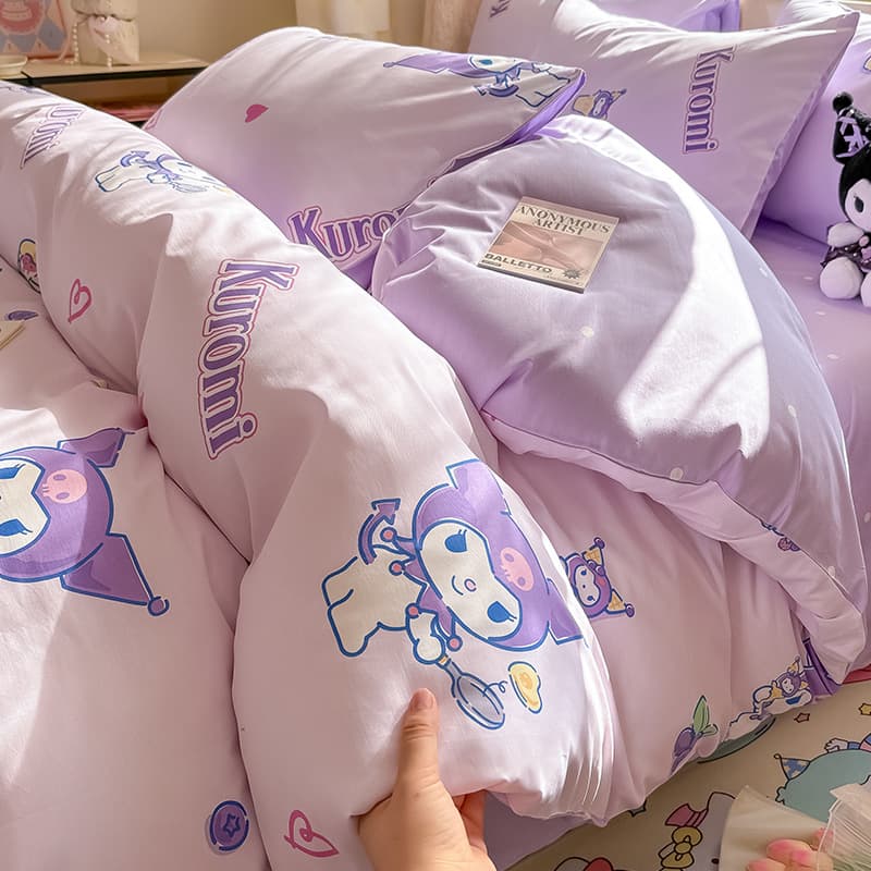Kuromi Pure Cotton Bedding Set 4-Piece, Kawaii Sanrio Full Cotton Fitted Sheet Duvet Cover Set 3-Piece for Kids Bedroom