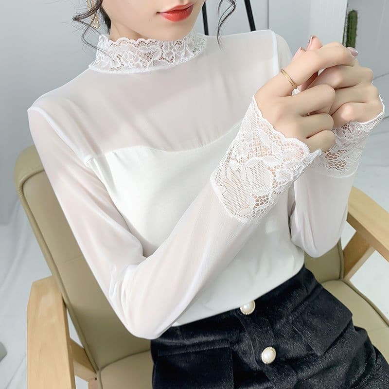 Spring New Slim Lace Top Sheer Mesh Modal Long Sleeve Inner T-Shirt Lace Stand Collar Base Layer for Women