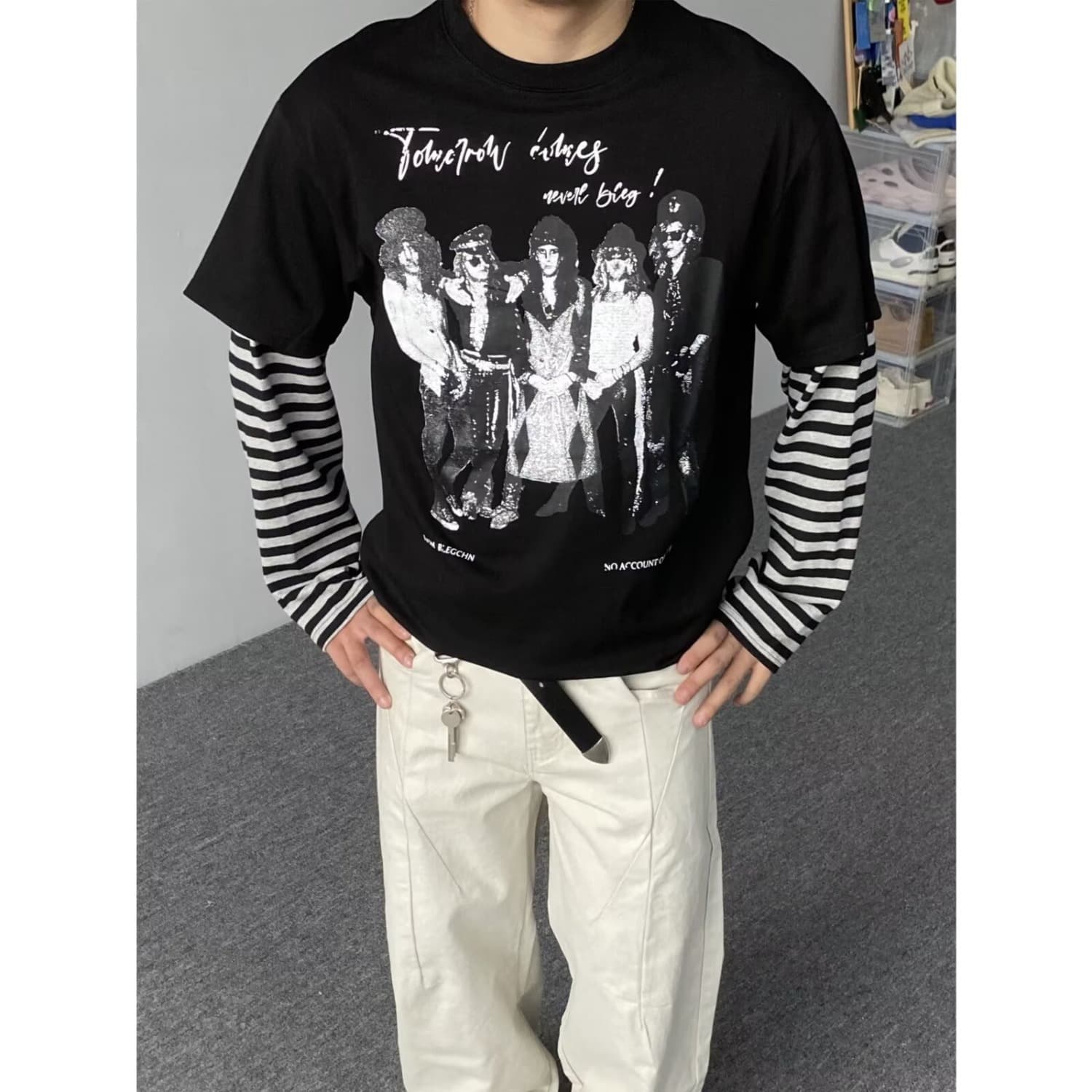 Men's Streetwear Spring Striped Patchwork Loose Top Hip-Hop Rock Portrait Print Fake Two-Piece Long-Sleeve T-Shirt
