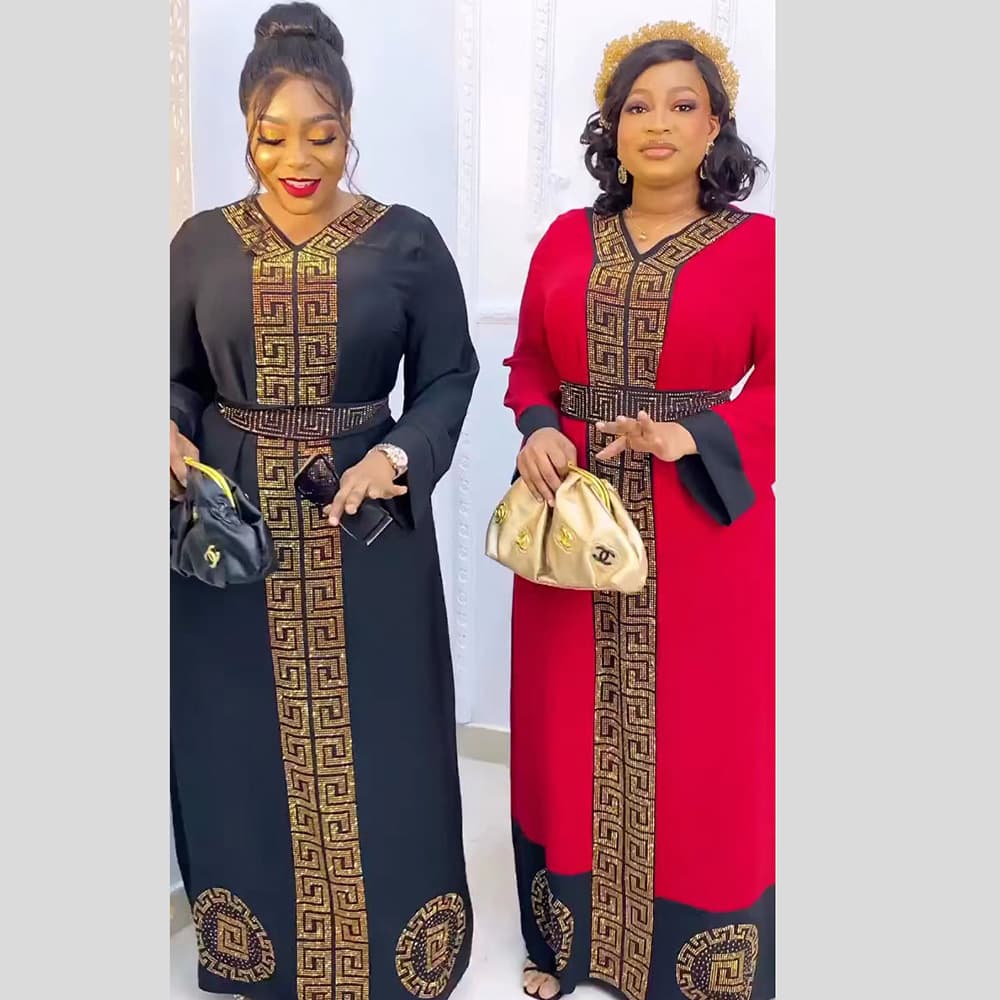 Cross-border Trade African Ethnic Style Women's Dress Robe with Hot-fix Rhinestones, Belt, V-neck, and Ready Stock from Source
