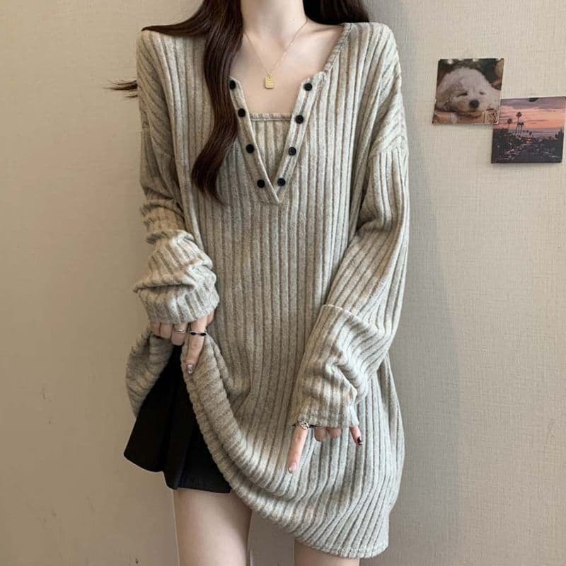 Ribbed Long Sleeve T-Shirt Women's Autumn Winter Inner Layer New Loose Fit Slimming Plus Size Mid-Length Top