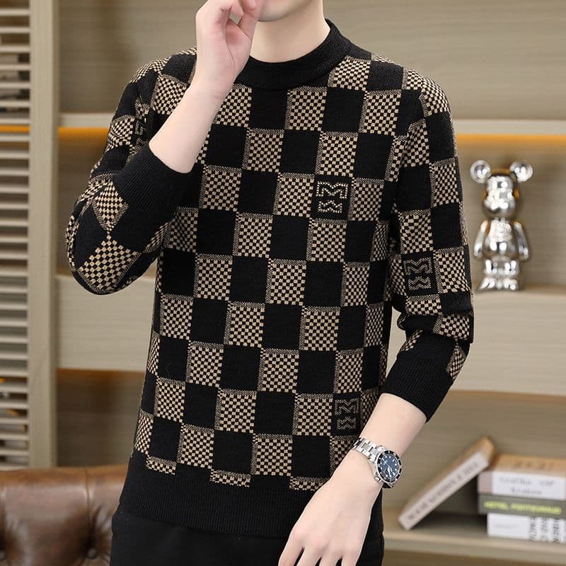 Men's new sweater men's knitted base warm sweater plaid thickened round neck pullover fashionable sweater