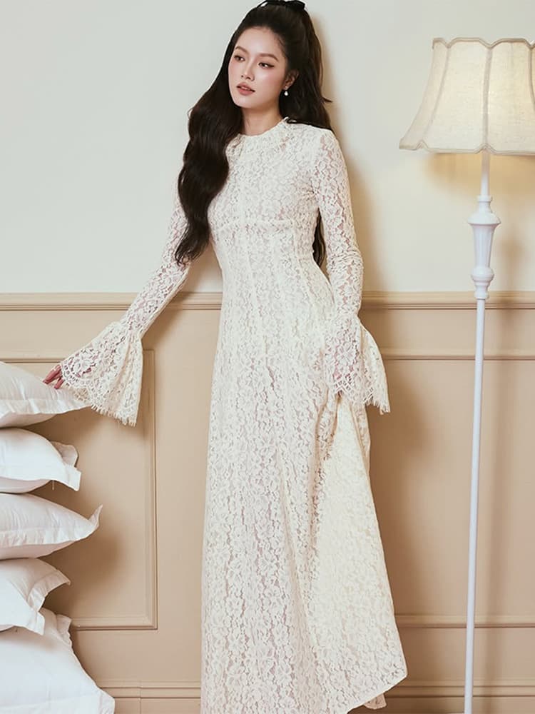 European, American, and Southeast Asian wholesale 2026 sexy socialite lace hollow-out high-waist flared dress