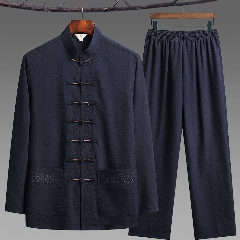 Middle-aged and Elderly Men's Tang Suit Long Sleeve Cotton Linen Set Dad Spring Summer Outfit Chinese Tai Chi Suit Hanfu Grandpa Clothing