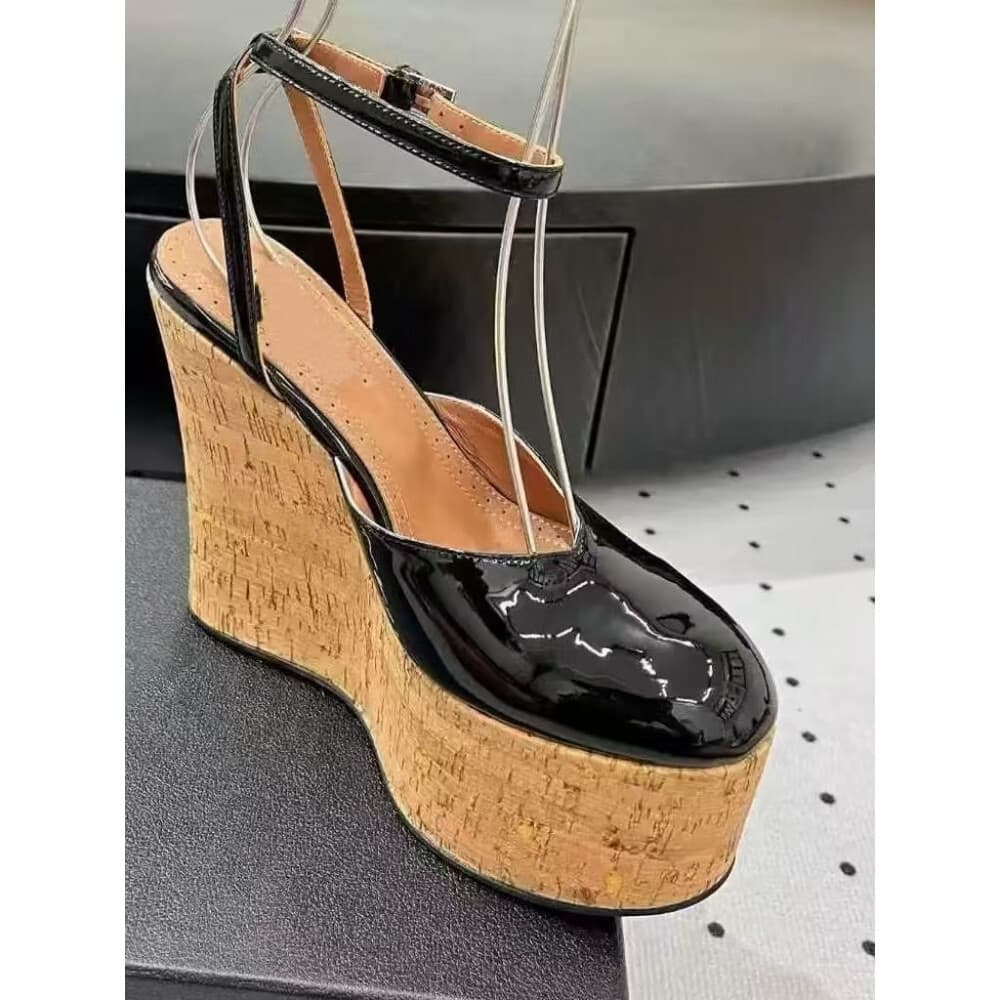 2026 European and American New Style Platform Thick Sole Wood Grain Waterproof Wedge Zebra Print Peep-Toe Open-Back Sandals
