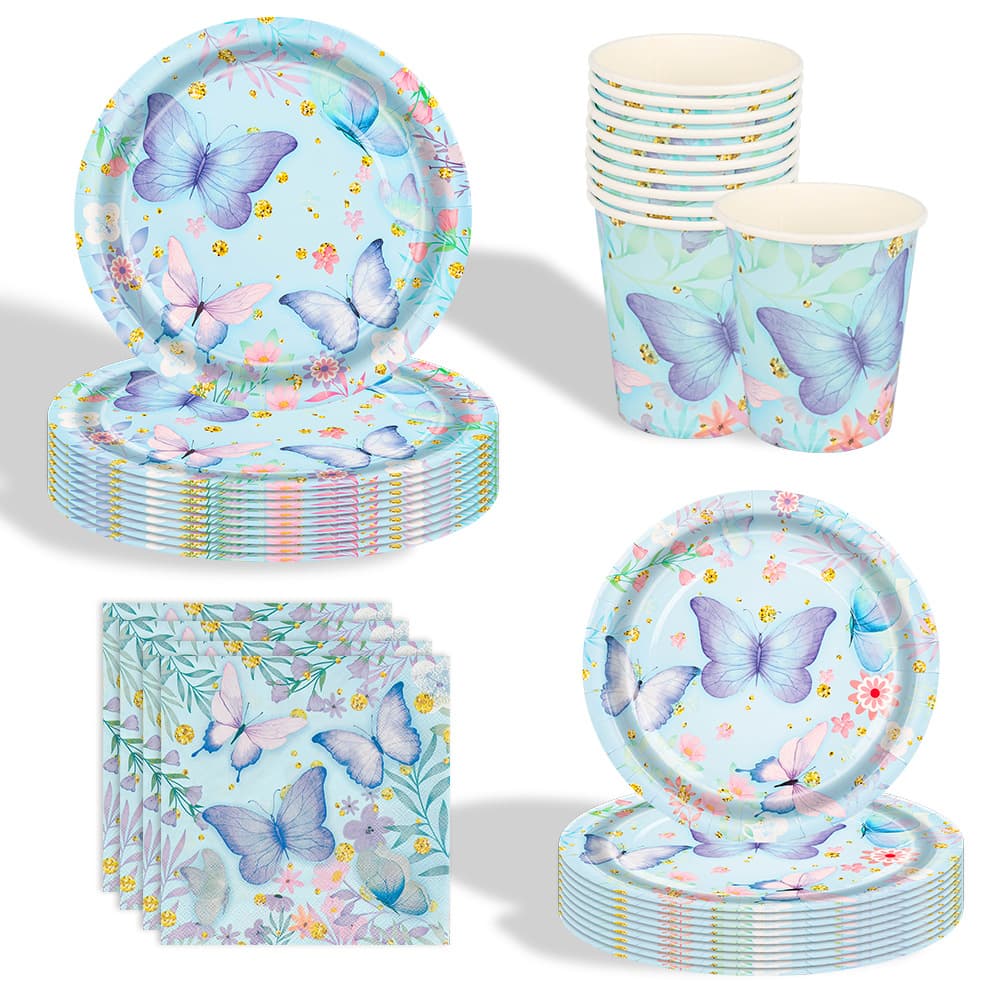 Blue Butterfly Girl Birthday Disposable Tableware Paper Plate Set Tablecloth Party Decoration New Paper Cups