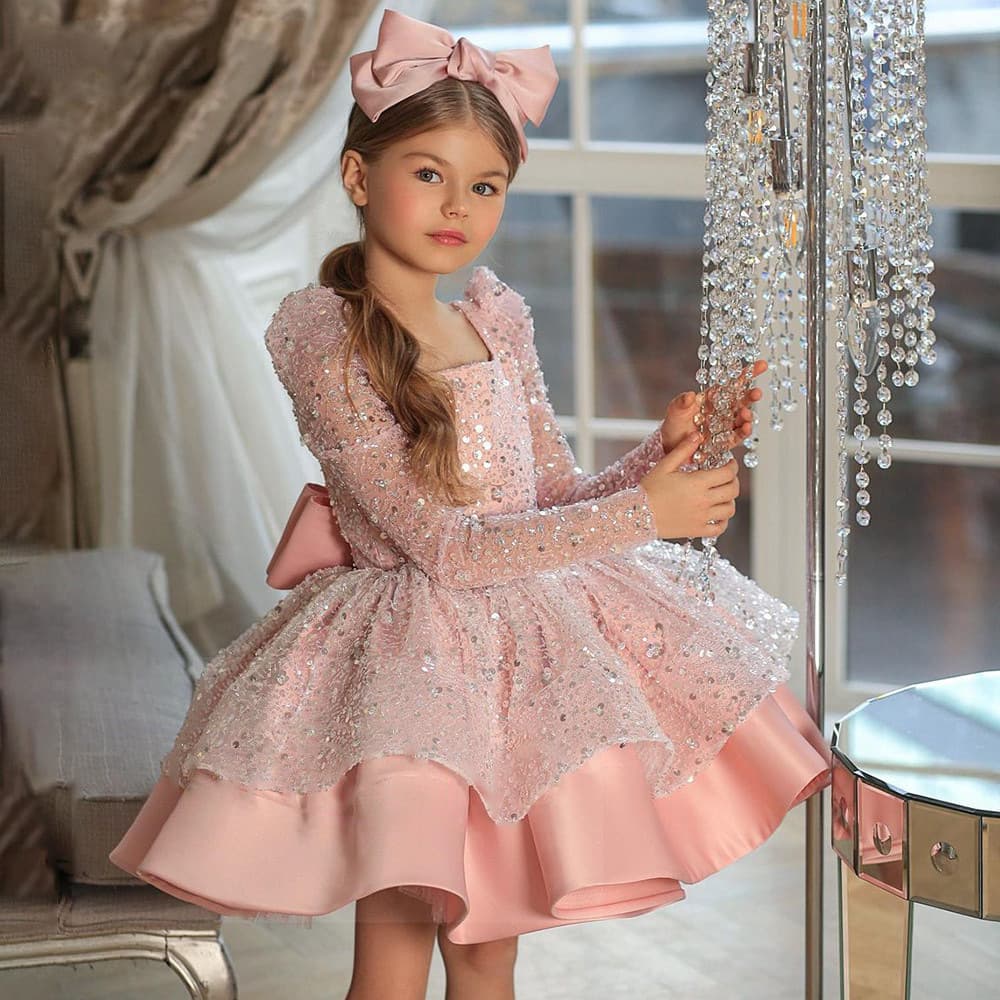AliExpress Girl Dress Amazon European and American Sequins Princess Dress Bow Long Sleeve Performance Clothing One Year Old Dress