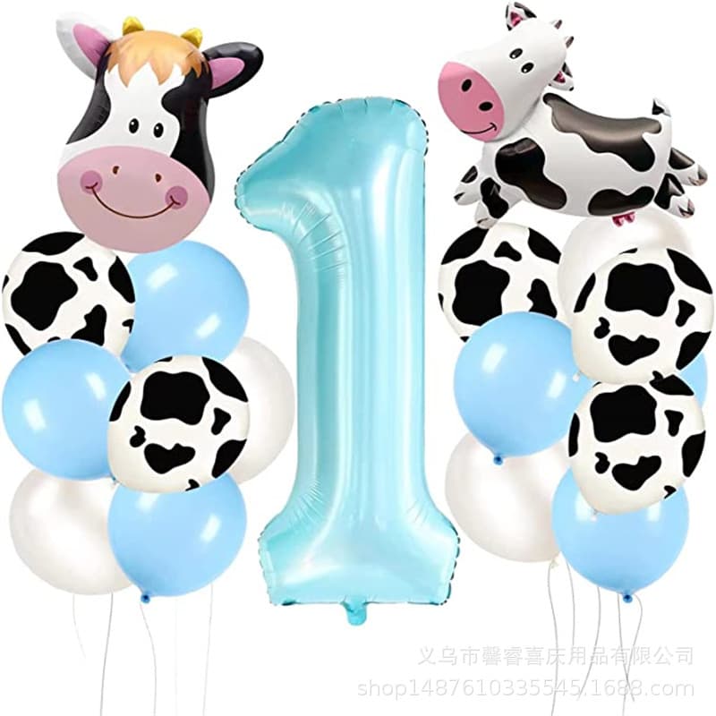 Boy and girl birthday farm cow animal theme first birthday party blue pink balloon first birthday balloon