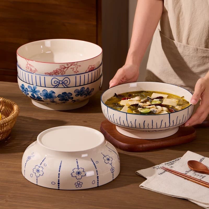 Japanese retro blue and white ceramic large bowl household large capacity soup bowl noodle soup bowl pickled fish special deepened large bowl