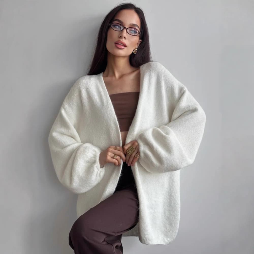 Cross Border Autumn Winter Mid Long Lantern Sleeve Cardigan for Women Outerwear Coat Relaxed Oversized Knit Open Front