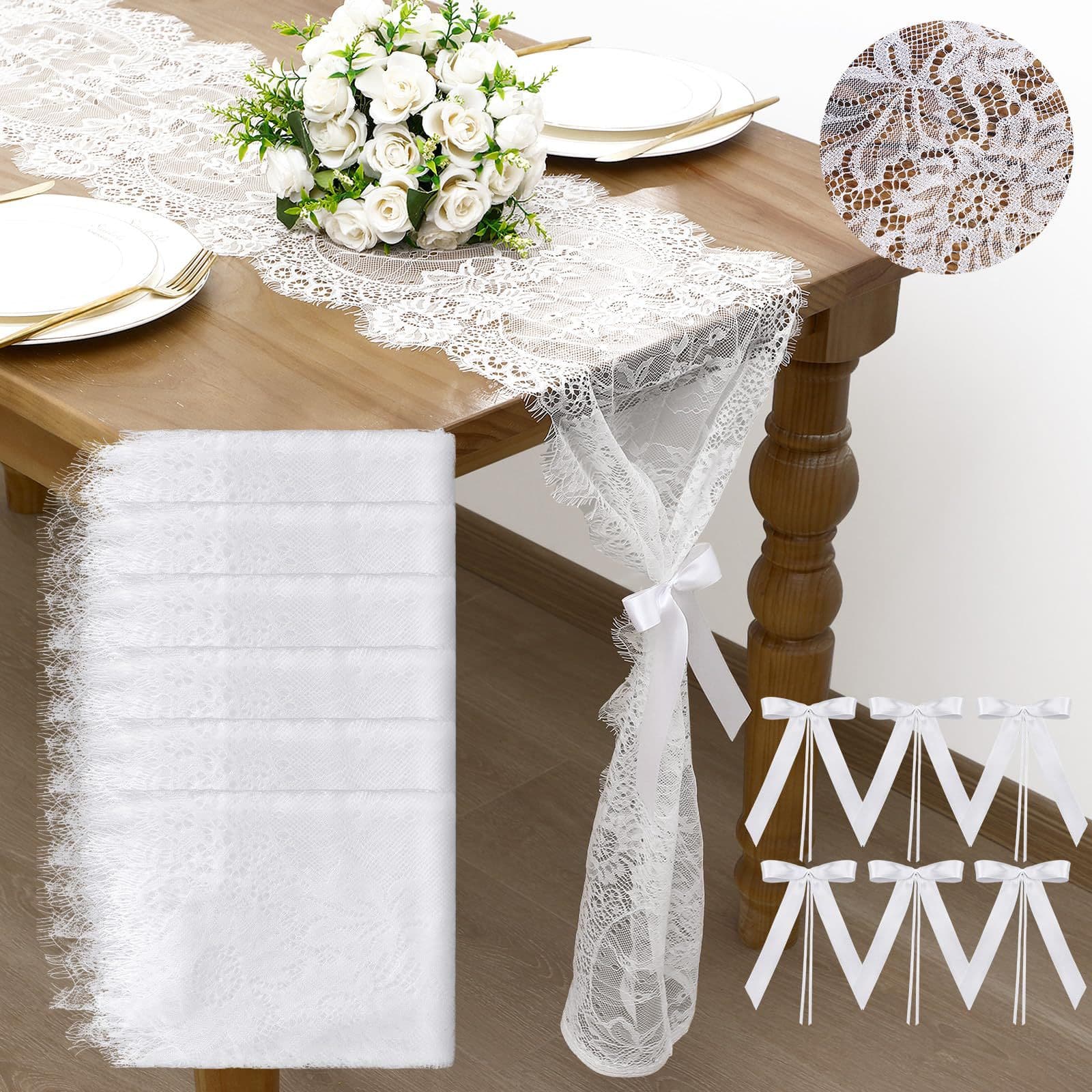 White lace table runner 14" x 120" with long lace bow, retro wave