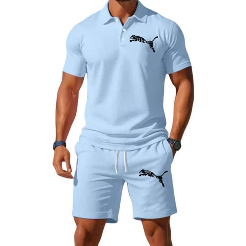 Cross-border new running wolf print fashionable short-sleeved POLO shirt shorts suit casual summer two-piece set