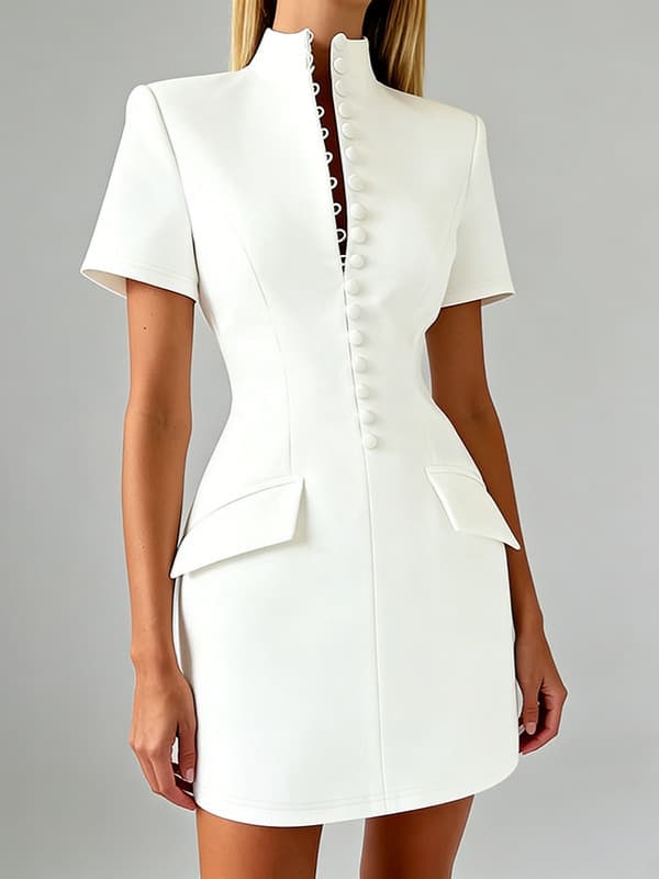 French Elegance Midi Dress for Women 2026 Summer New Button Patchwork Design Slim Fit Short Bodycon Skirt