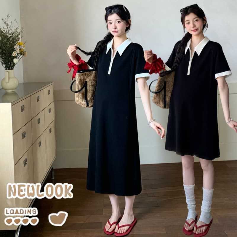 2026 Summer New Maternity Dress Korean Style Polo Neck Plus Size Versatile Maternity Dress