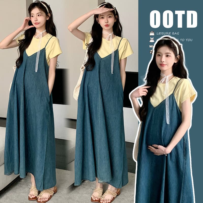 Maternity Dress Set Summer Denim Thin Strap Dress Yellow Short Sleeve Top Thin Age-Reducing Two-Piece Set