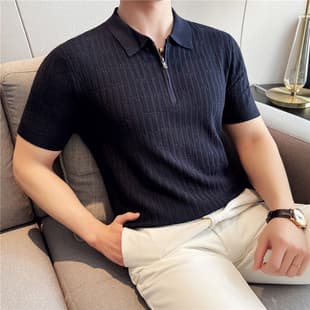 Summer Ice Silk Hollow Turn-down Collar Knitted T-Shirt Men Zipper Short Sleeve Polo Shirt Thin Fashion Half Sleeve Undershirt Tee