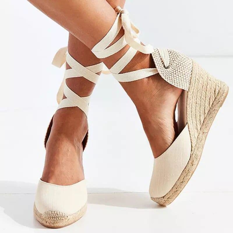 European and American Export 2021 Summer Women's Fashion Wedge Heel Lace-Up Closed-Toe Sandals Size 43 Rope-Wrapped Wedge Heel Women's Shoes