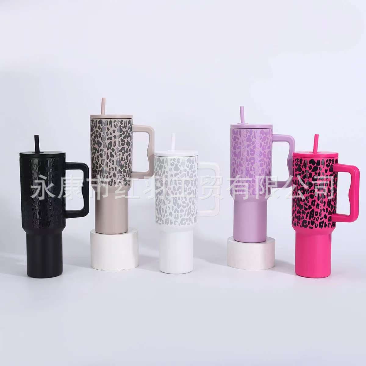 Cross-Border Hot Seller 40oz Stainless Steel Insulated Tumbler with Straw and Handle, Leopard Print Portable Outdoor Large Capacity Ice Tumbler