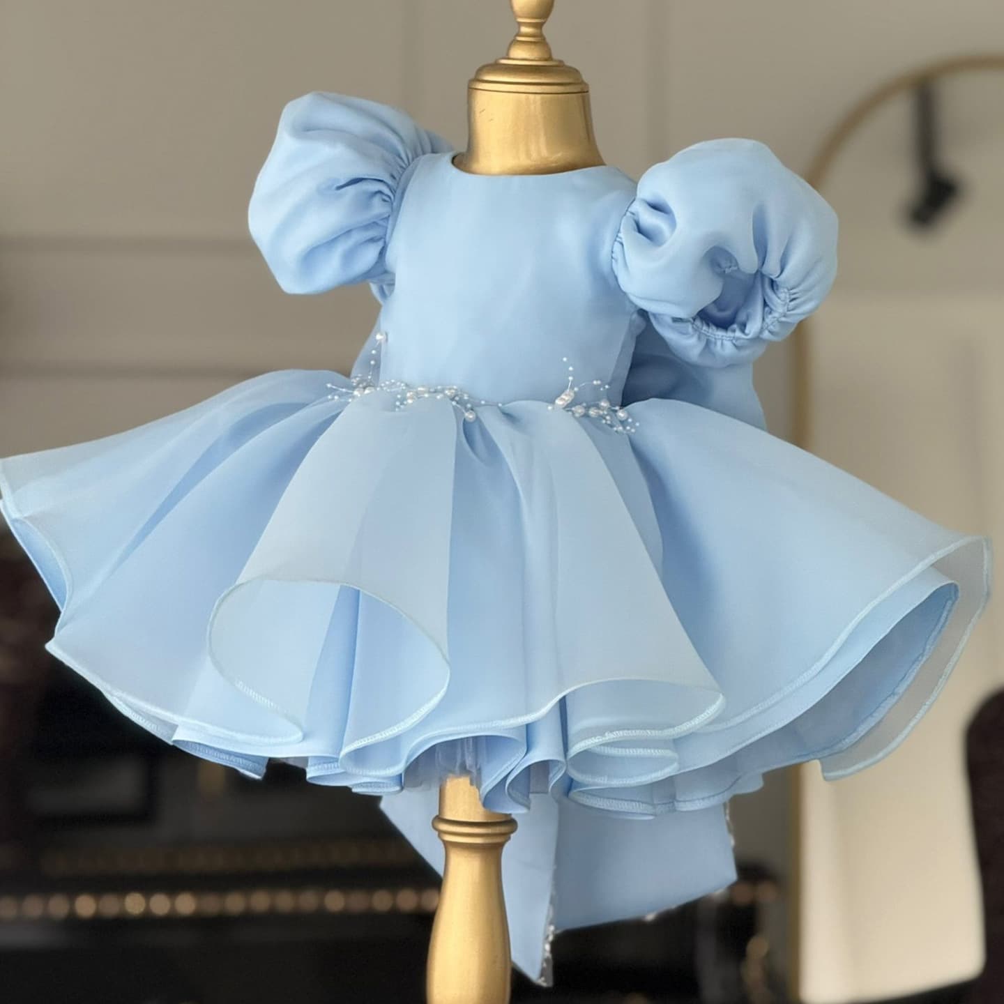 Blue mesh princess dress for girls with puff sleeves, sweet and cute big bow, birthday 61st birthday dress for kids