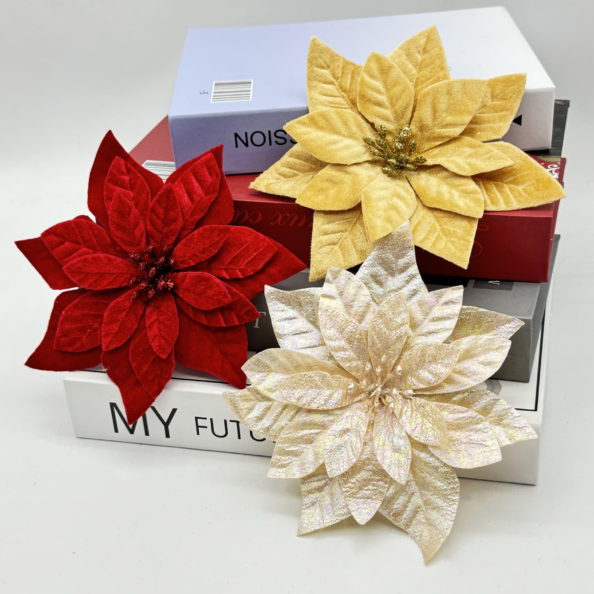 Wholesale Christmas Poinsettia Gold Powder Flower Christmas Tree Accessories Cross-border Christmas Decoration