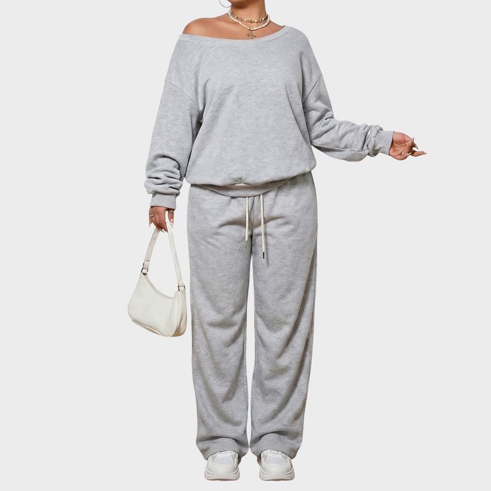 Cross-border Supply Plus Size Gray Sweatshirt Set for Women, Spring and Autumn Thin Style, Breathable, Loose, Slimming, Home and Outdoor Wear Two-Piece Set