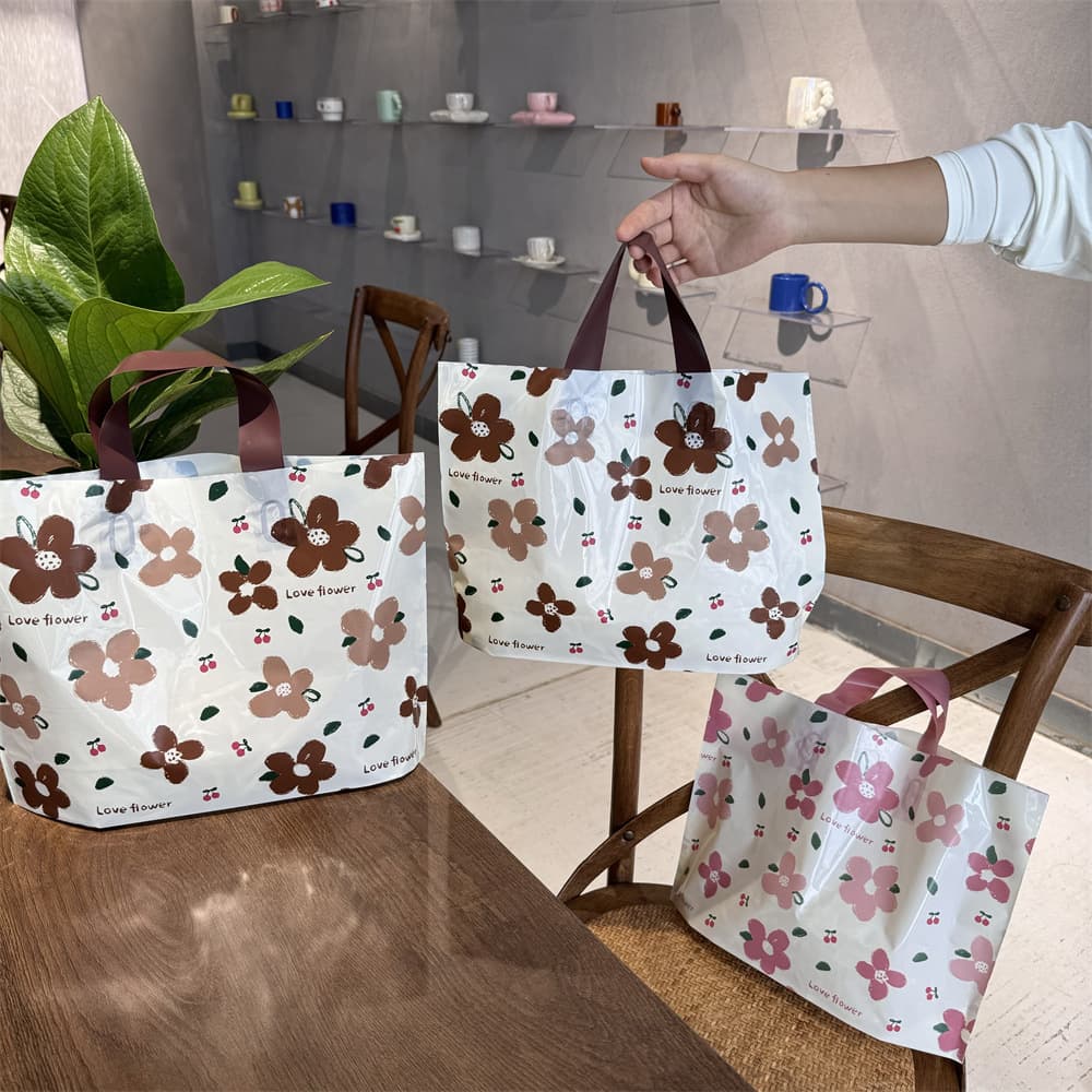 New Mocha Coffee Flower Handbag, Clothing Store Bag, Thickened Plastic Gift Bag, Packaging Bag, Shopping Bag