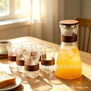 Large Capacity Juice Pitcher, Household Cold Water Pitcher, Vertical Grain Glass Coffee Pitcher, Chinese Style Milk Pitcher, Wooden Waist Cold Water Pitcher