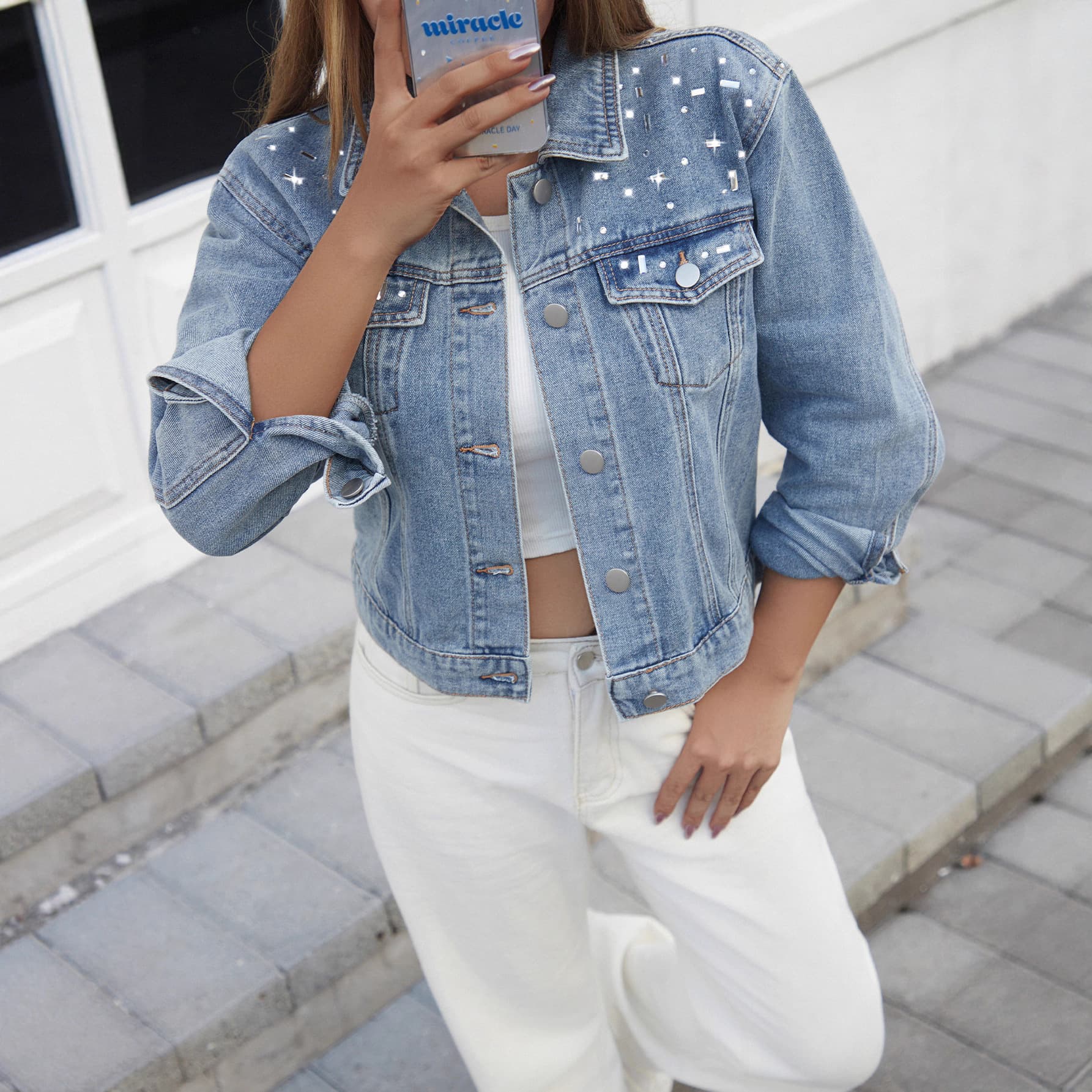 2025 Cross-border Amazon TEMU Women's Rhinestone Heavy Craft Design Short Denim Jacket Top
