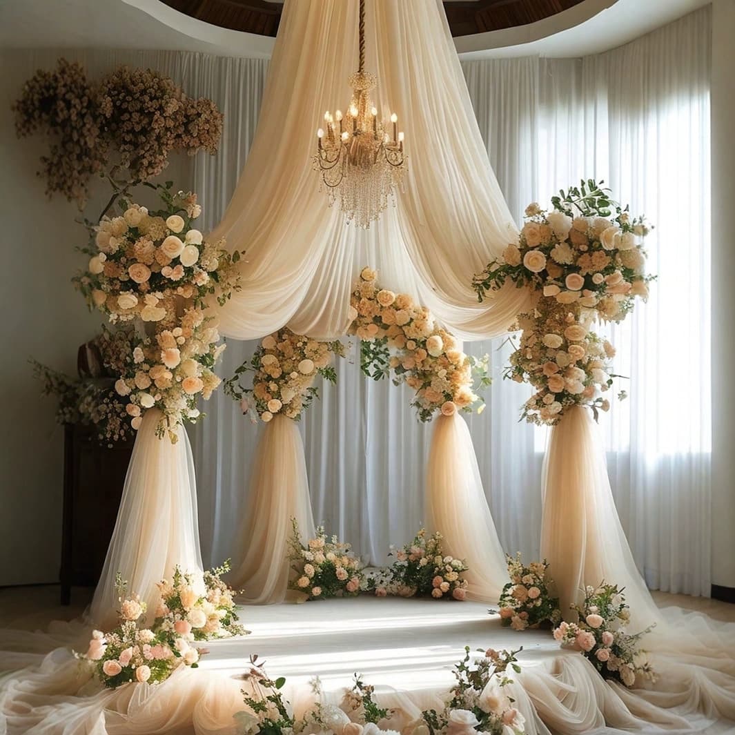 160cm*800cm organza for wedding stage ceiling decorations, also available in 75cm and 48cm widths.