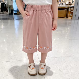 Pure Cotton Girls' Straight Leg Pants, Summer Capri Pants, Elastic Heart Rabbit Cotton Pants, Thin Loose Wide Leg Pants