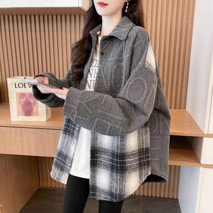 Loose chubby slim-fit jacquard lazy style patchwork plaid shirt loose design plus-size women's wear small batch new product