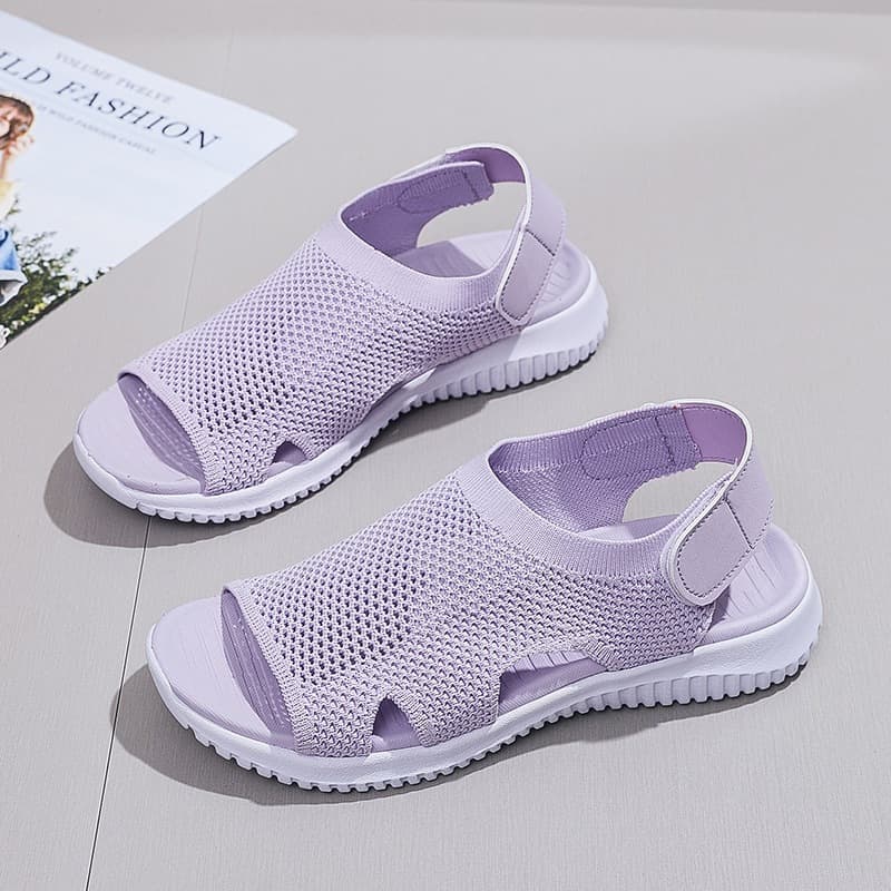 Knitted Mesh Upper Women's Sandals, Summer New Outdoor Non-Slip Hollow Flat Sandals, Lightweight Casual Beach Sandals for Women