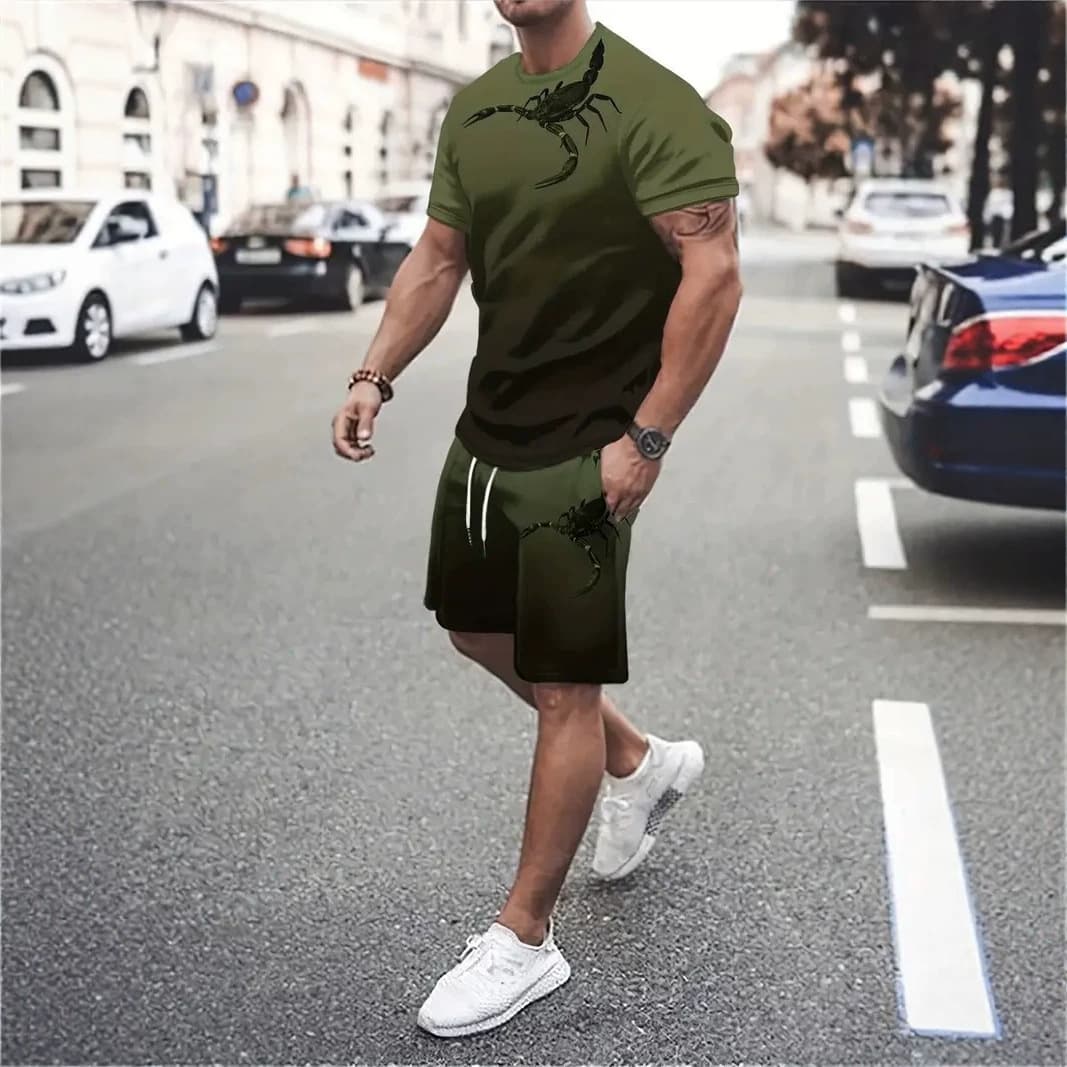 Cross-border TK Shein Temu Military Green Scorpion Print Men's Set Manufacturer Wholesale