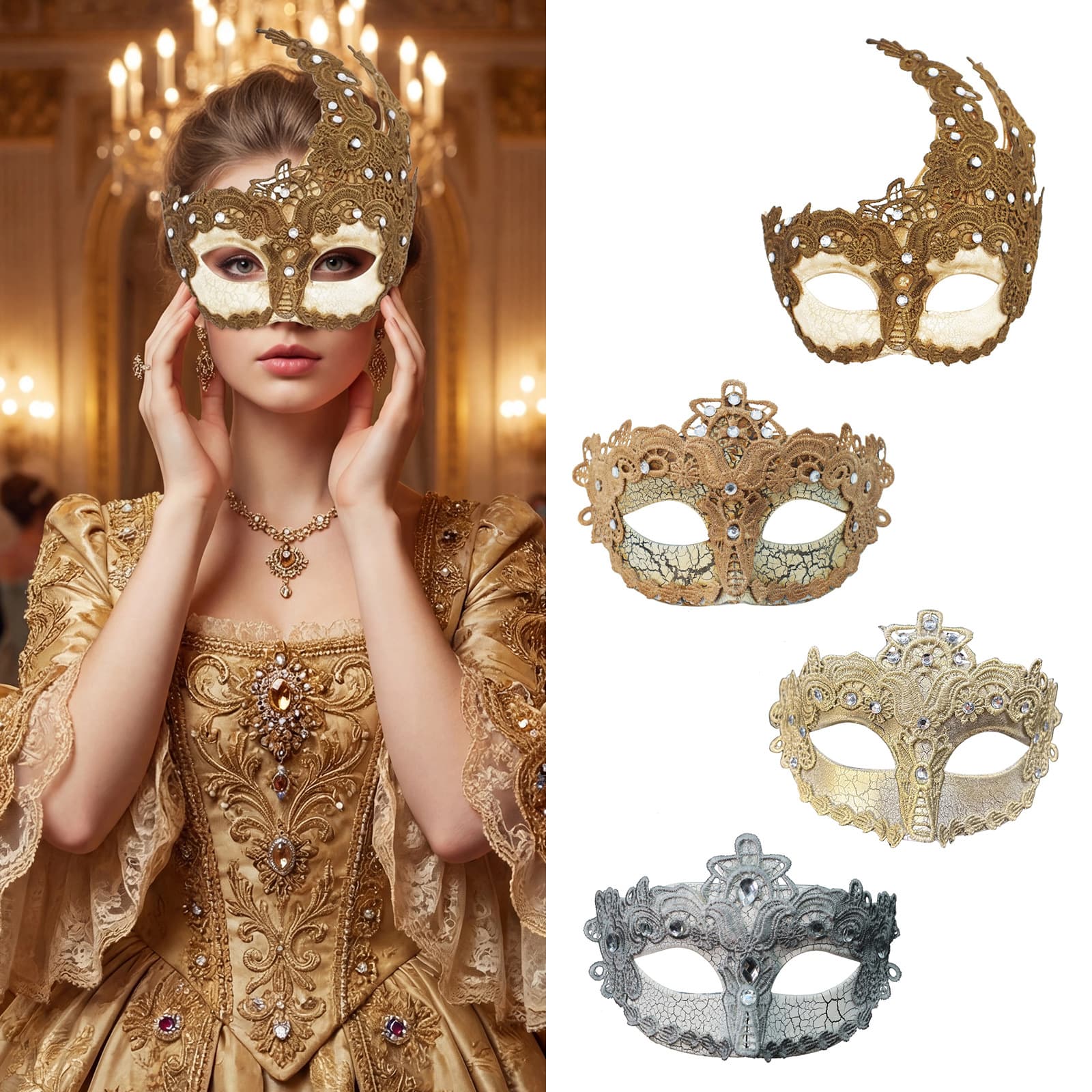 New Cross-border Halloween Masquerade Party Vintage Lace Rhinestone Cracked Mask High-end Artistic Design