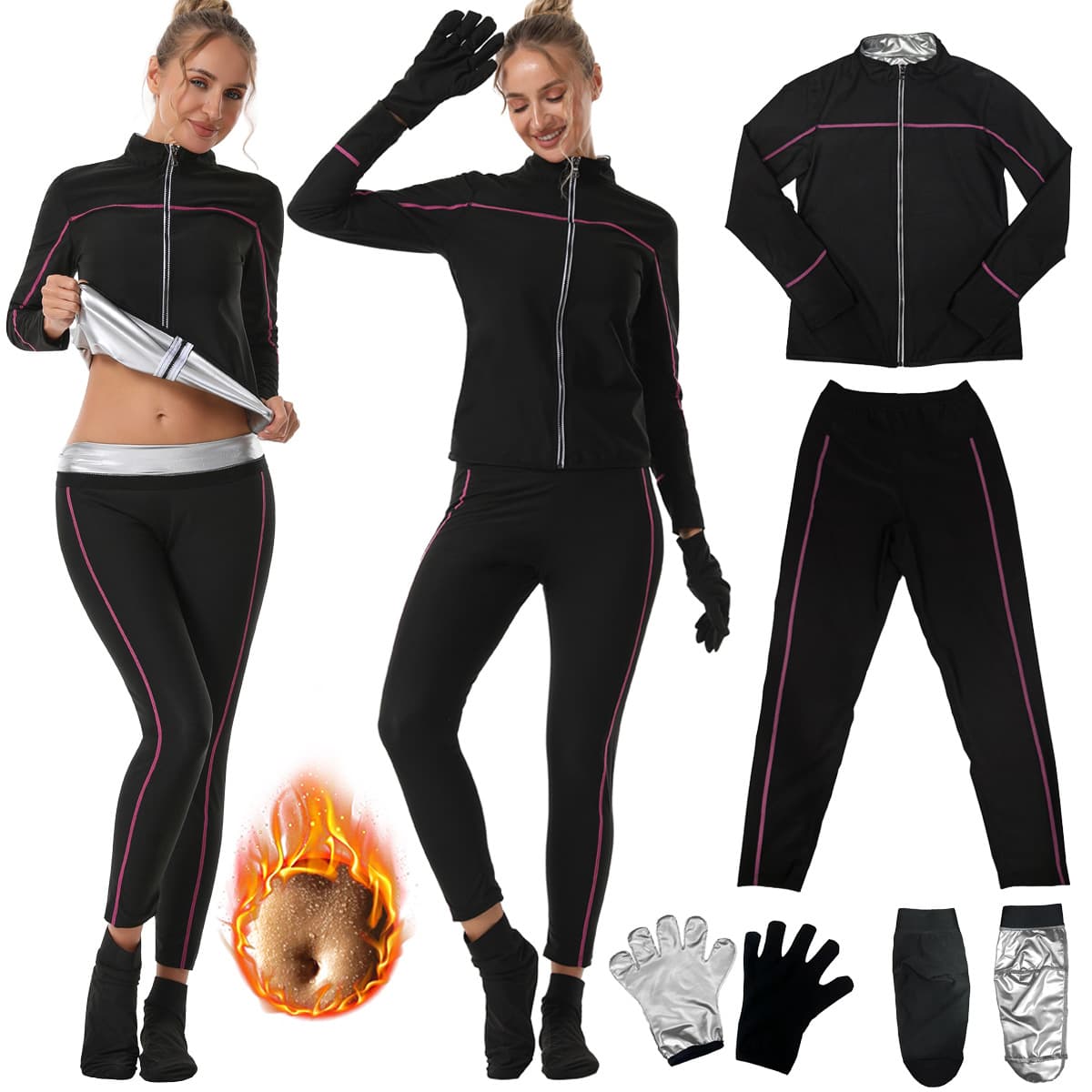 Cross-border shapewear, sweat-inducing high-waisted tummy control pants, yoga set, sports sauna zipper long-sleeved turtleneck fitness set