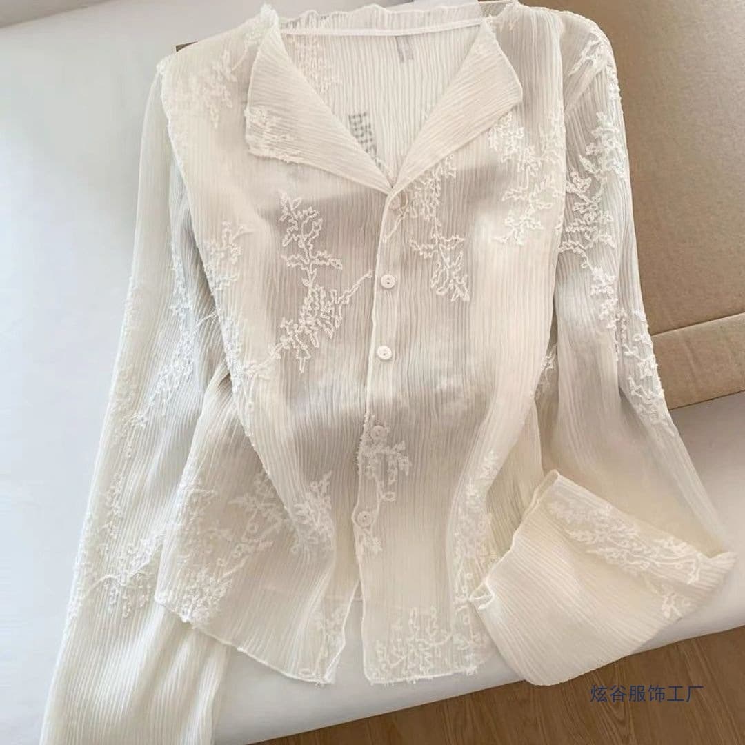 2026 spring and summer beautiful blouses with great design ~ French lace jacquard collar single-breasted long-sleeved tops for women