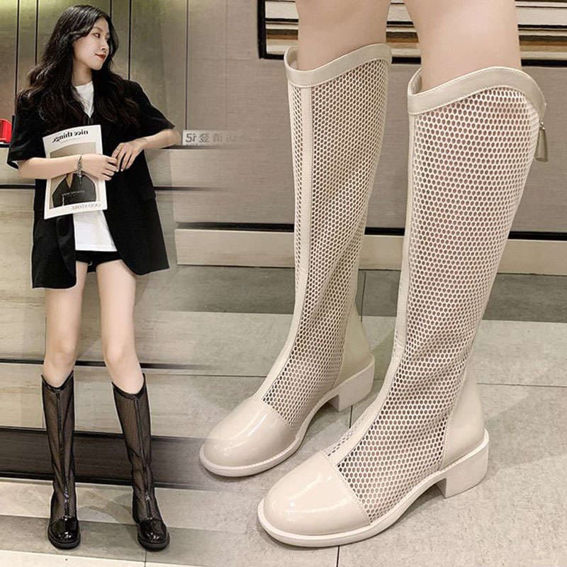 White Long Boots Women 2025 New Breathable Hollow Mesh Boots Summer Thin Mesh Long Boots Slim Fit Boots Riding Boots
