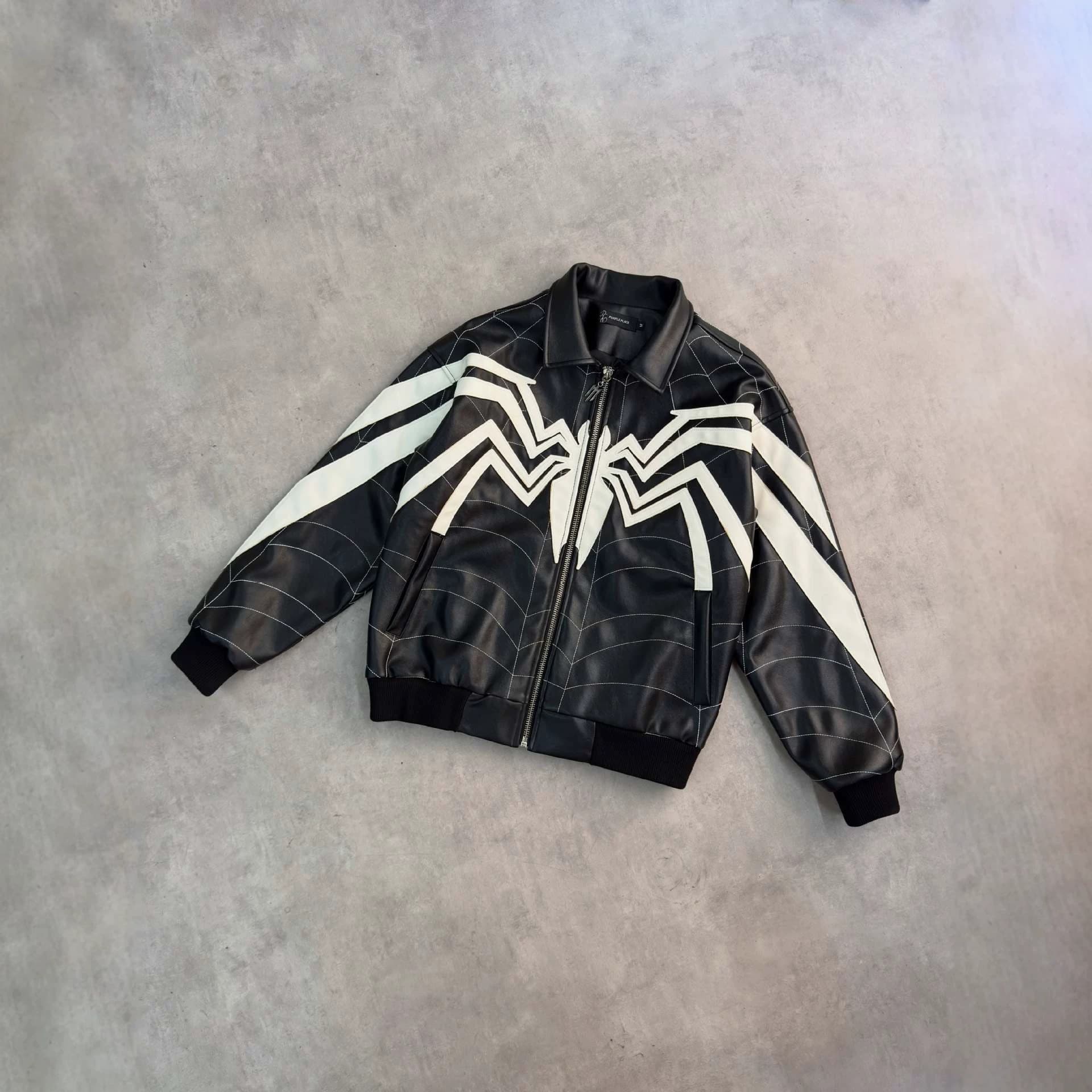 Autumn Winter Street Leather Jacket Dark Style Spider Patch Leather Coat Black White Contrast Spider Web Lapel Hoodie Outerwear