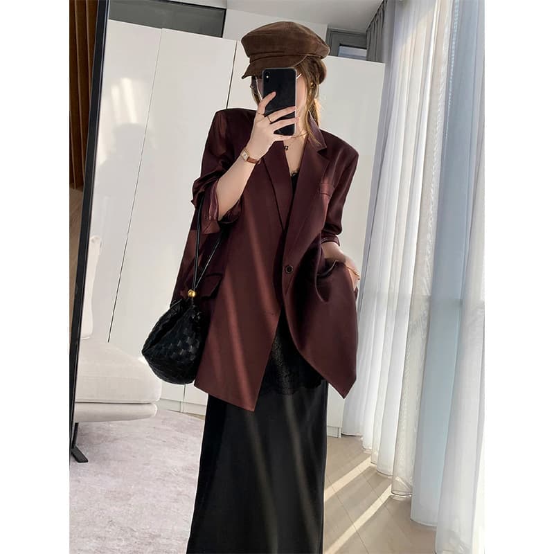 2026 Spring Plus Size Women's Red Coffee Blazer Loose Fit Oversized Jacket for Curvy Women AA2601