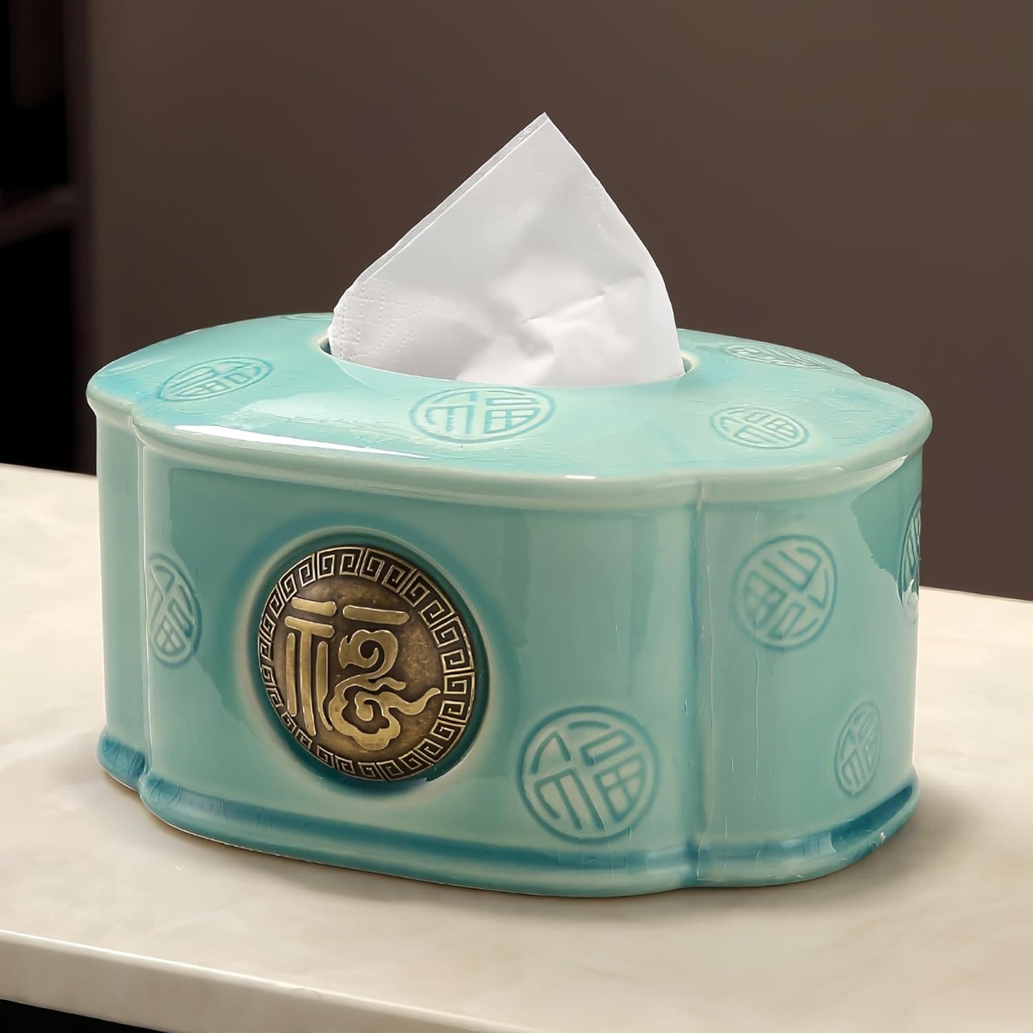 Vintage Chinese Ceramic Tissue Box Cover, National Style Decorative Tissue Storage Box, Living Room Desktop Home Tissue Holder