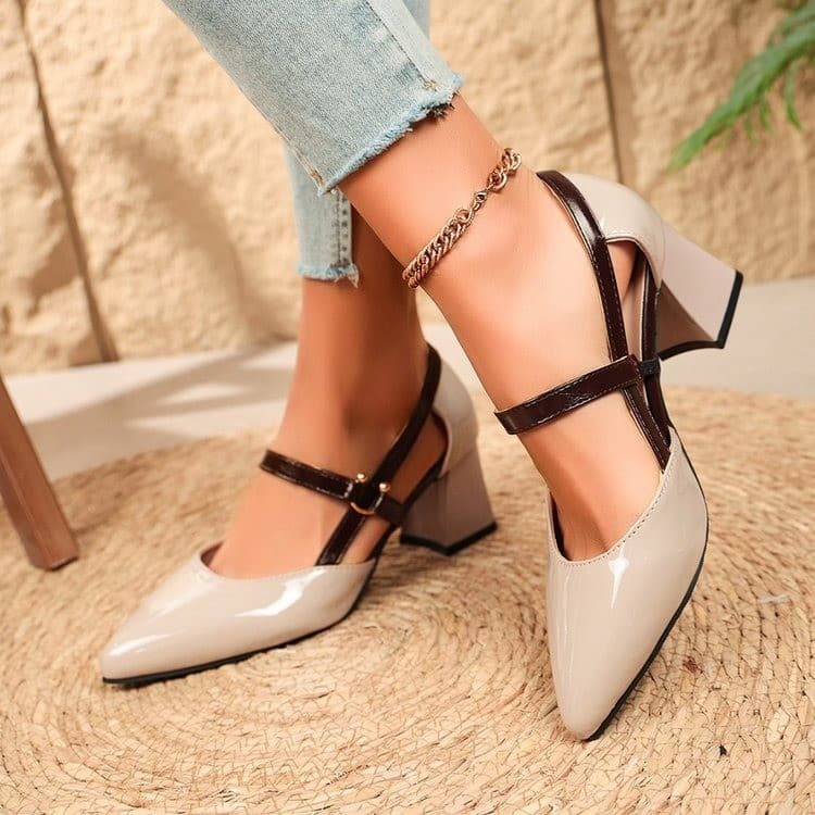 2026 New Summer Closed-Toe Sandals for Women Chunky Heel Women's Shoes Spring Single Shoes Mid-Heel Leather Shoes Pointed-Toe High Heels