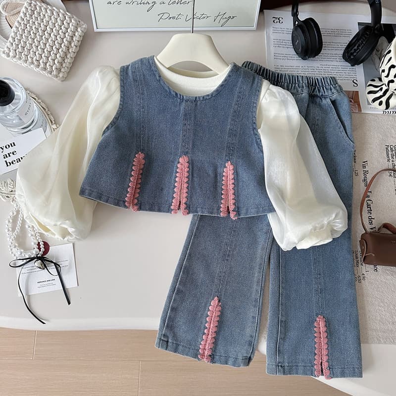Girls' Outfit Set Spring 2026 New Girls' Stylish and Trendy Children's Base Layer Top Denim Wide-Leg Pants Three-Piece Set