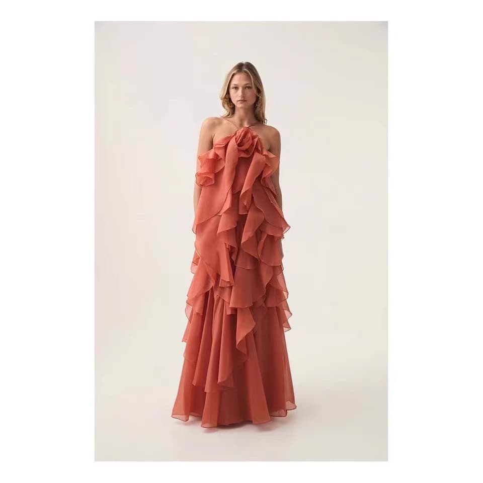 2025 Women's Sexy Off-Shoulder Backless Sleeveless Halter Dress Fashion Multi-Layer Ruffled Tutu Dress