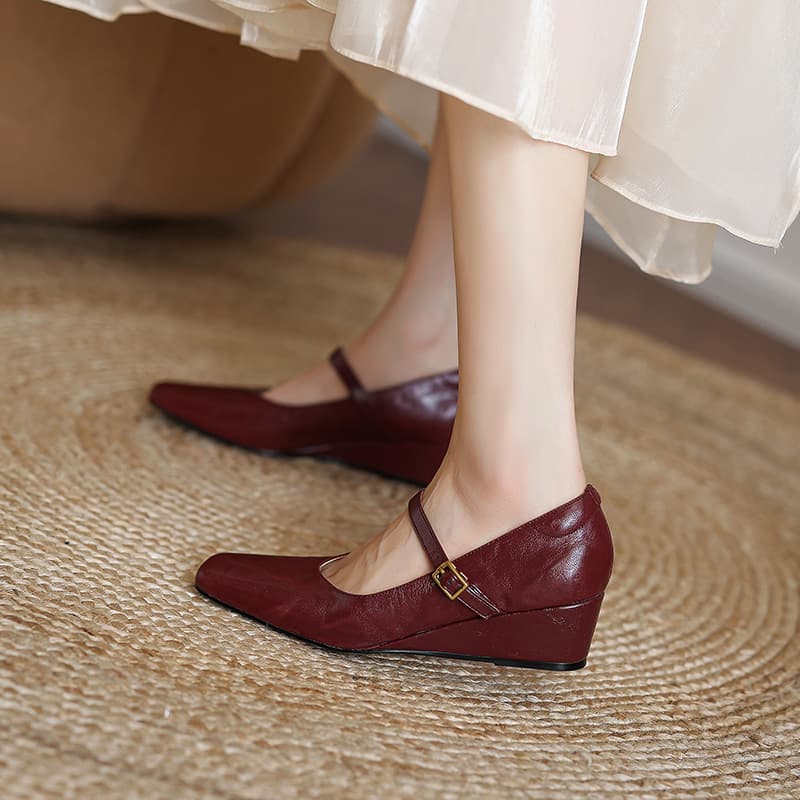 4.5cm Mid Heel Wedge Square Toe Mary Jane Shoes for Women, Shallow Mouth Hand-Grabbed Grain Sheepskin Leather, Wine Red Small Leather Shoes, Large Size