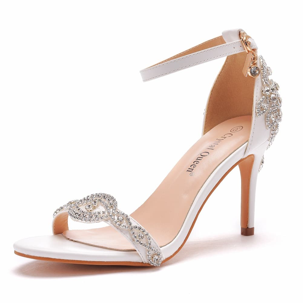 8cm Elegant Ankle Strap Open Toe Stiletto Heel Sandals White Rhinestone Wedding Shoes Stiletto Peep Toe Summer Sandals Women